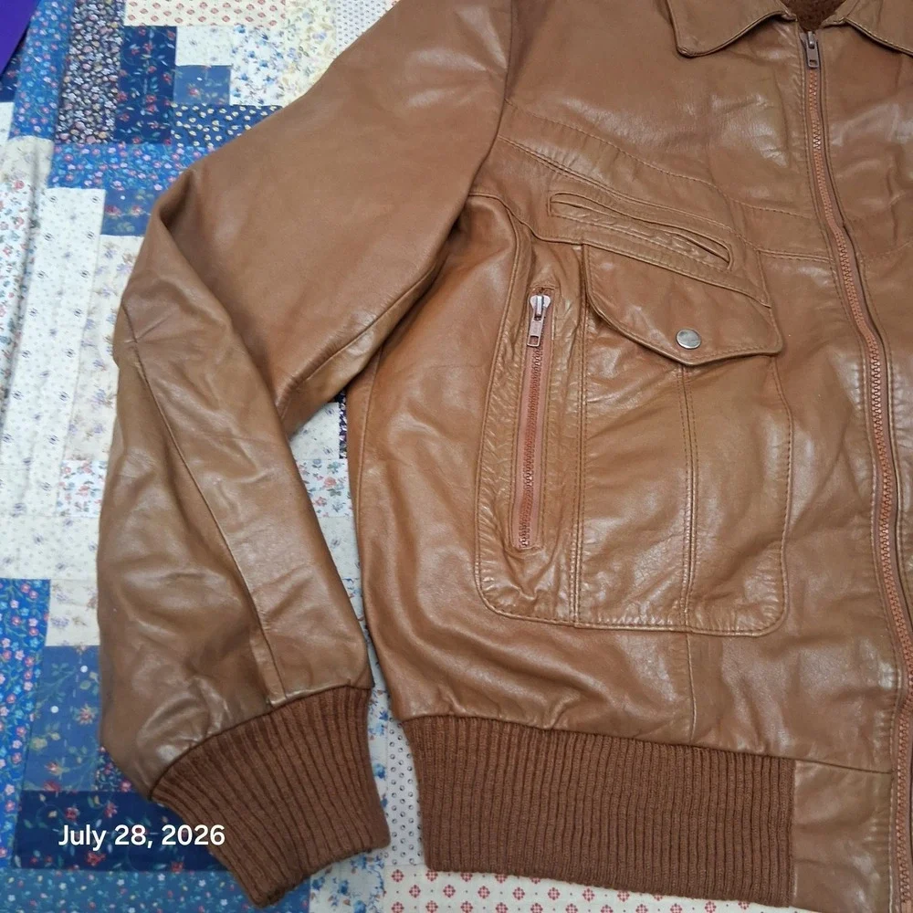 Vintage 80s Bermans Mens 48X Tan Leather Utility Bomber Removable Liner